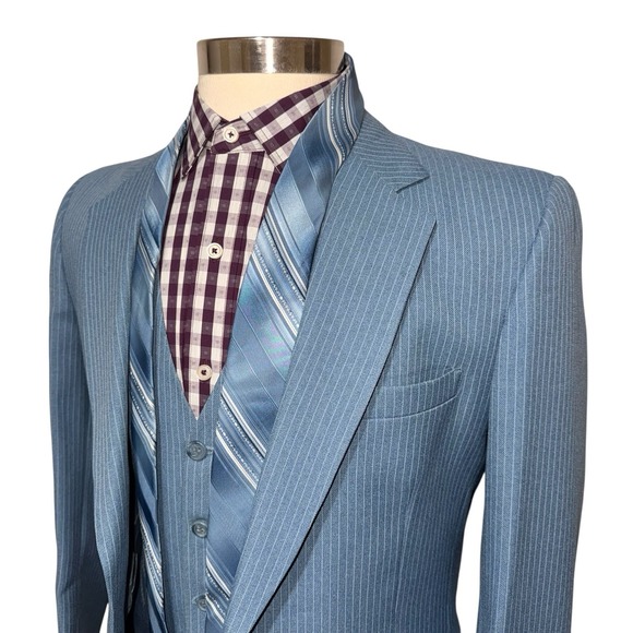 Vintage 70s JC Penney 3 Piece Suit Sport Coat Vest Tie Mens 40L Blue Stripe - Picture 4 of 12